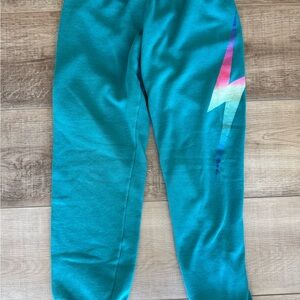 Aviator Nation Teal Sweatpants with Multicolor Lightning Bolt